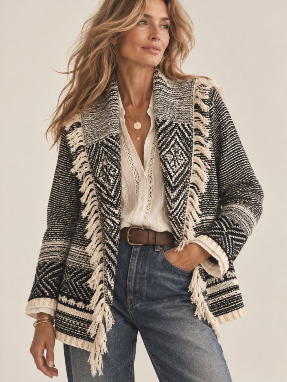 J.Jill Wool Blend Fringe Open Front Cardigan Black White Boho Southwestern